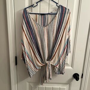 New directions scooped v neck front tie striped blouse - XL